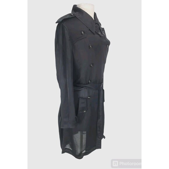 YVESSAINTLAURENT Women Button Up Trench Coat Sz L Black Satin Light Weight 325A - Picture 2 of 6